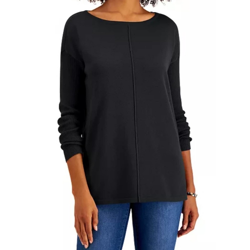 Style & Co Petite Seam Front Sweater Deep Black Petite Small